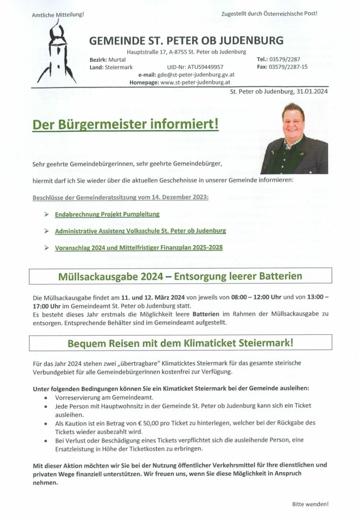 Der Bürgermeister informiert! Bild Gemeinde St. Peter ob Judenburg