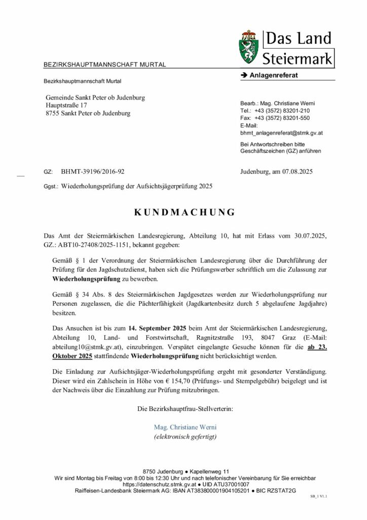 KM Wiederholungsprüfung Aufsichtsjägerprüfung Gemeinde Sankt Peter ob Judenburg