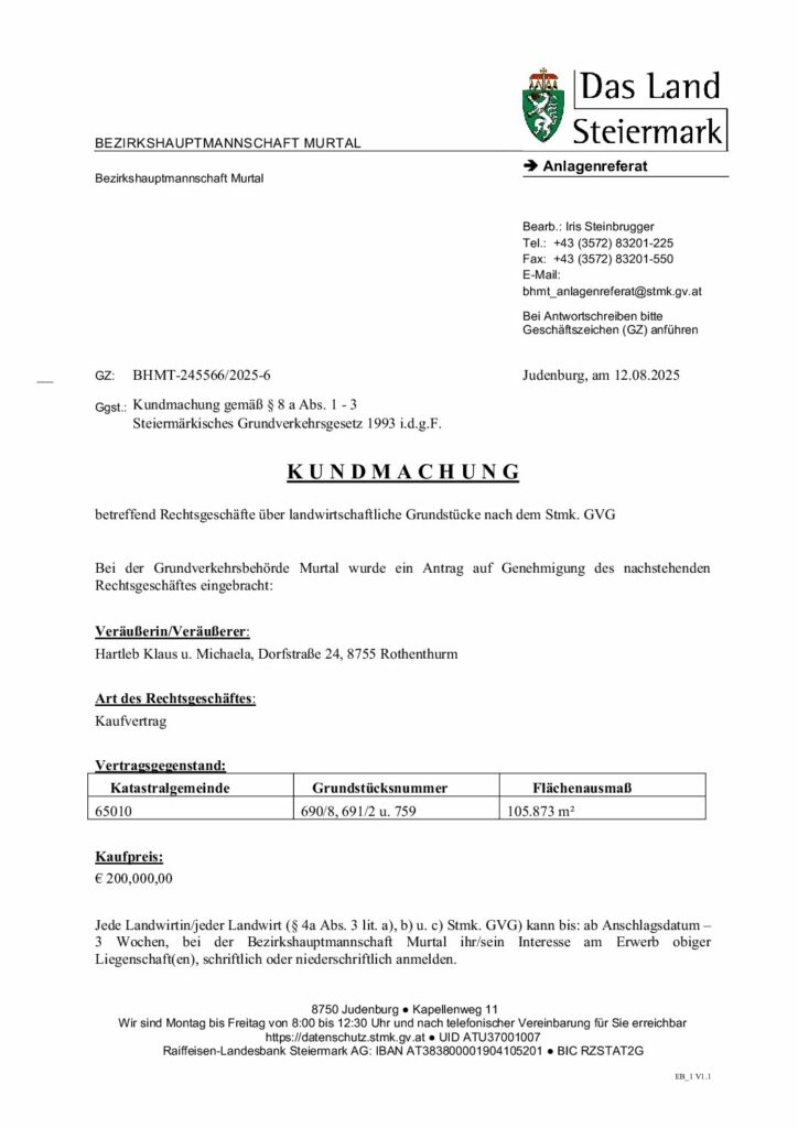 Kundmachung Grundverkehr-Hartleb Klaus u. Michaela, 8755 Dorfstr. 24 20250819