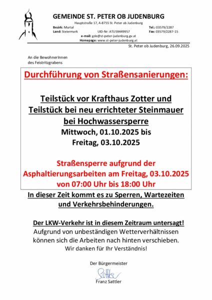 2025 Rundschreiben - Straßensanierungen Feistritzgraben