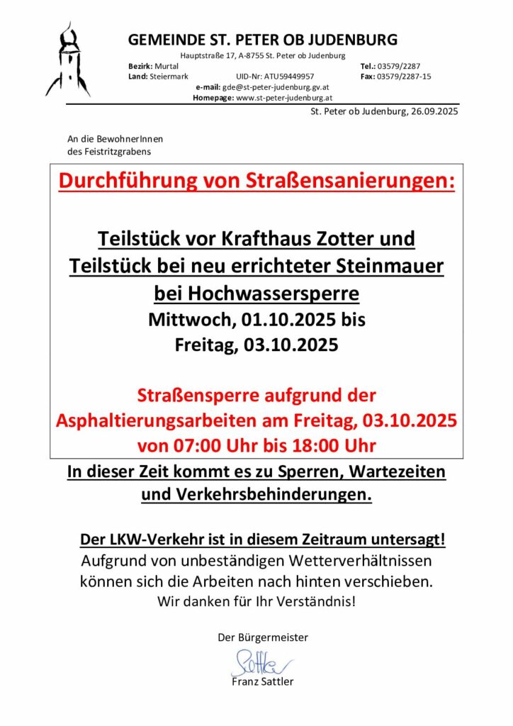 2025 Rundschreiben - Straßensanierungen Feistritzgraben