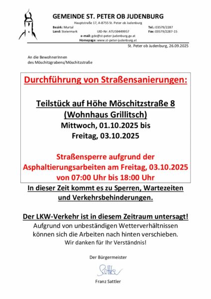 2025 Rundschreiben - Straßensanierungen Möschitzgraben