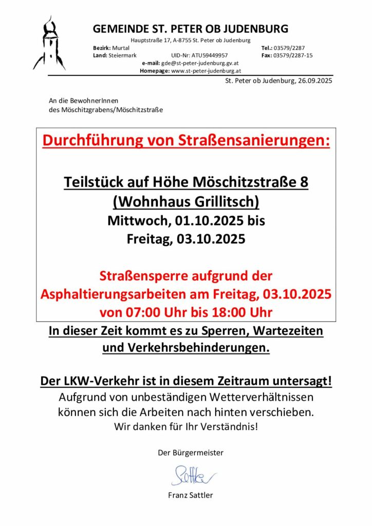 2025 Rundschreiben - Straßensanierungen Möschitzgraben