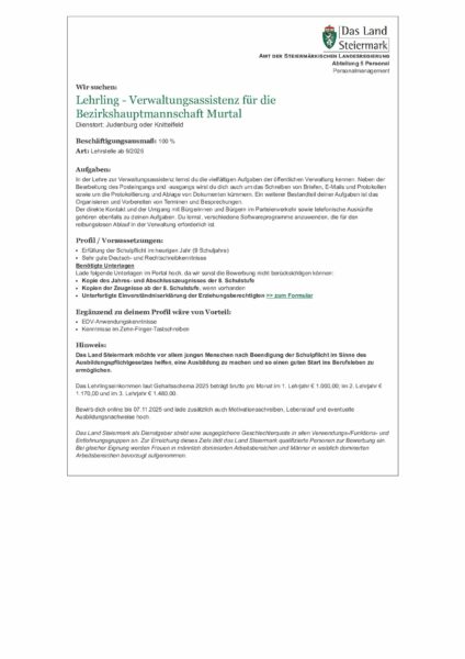 Lehrlingsausschreibung 2026 - BH Murtal, Standort Judenburg oder Knittelfeld