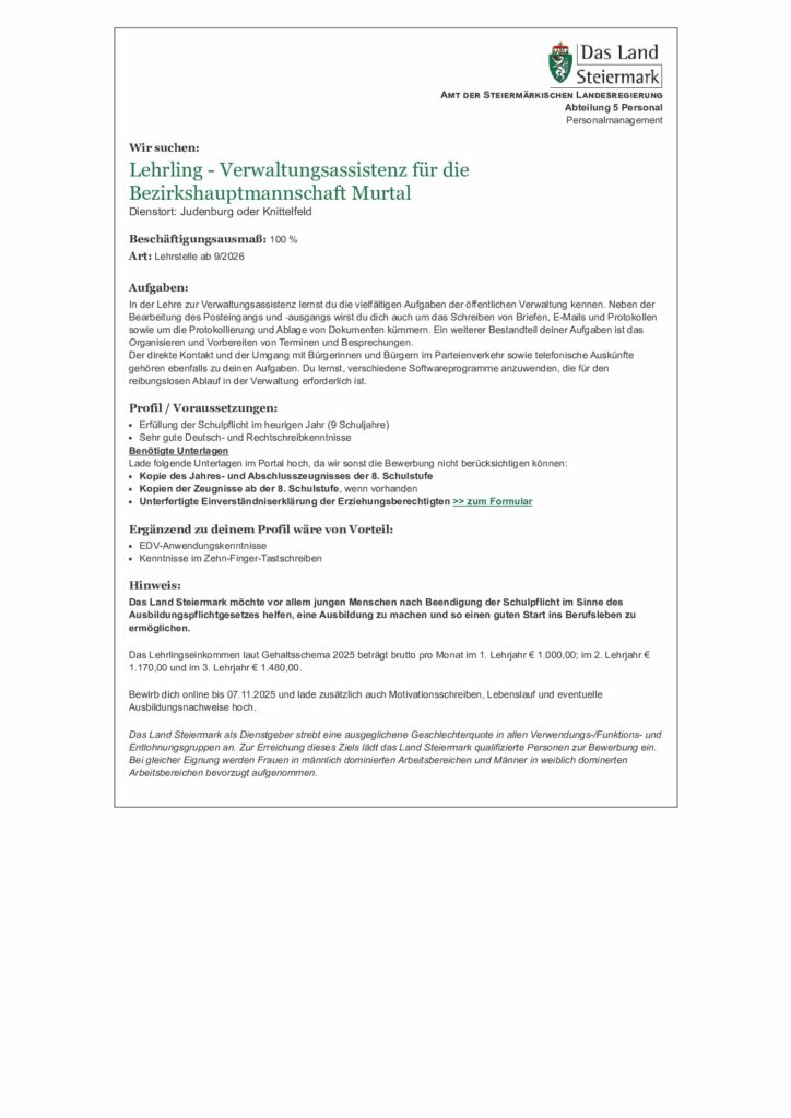 Lehrlingsausschreibung 2026 - BH Murtal, Standort Judenburg oder Knittelfeld