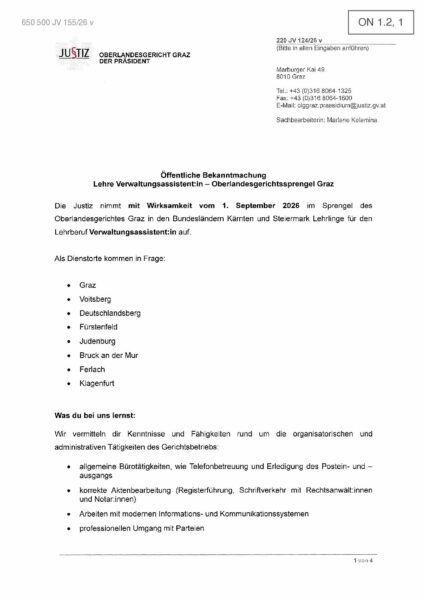 650 500 JV 155-26 v - ON 1.2 Ausschreibung - Lehre Verwaltungsassistentin