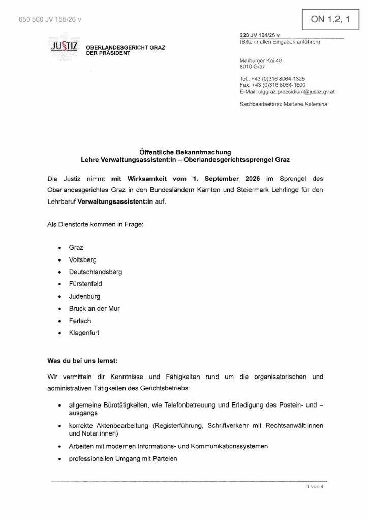 650 500 JV 155-26 v - ON 1.2 Ausschreibung - Lehre Verwaltungsassistentin