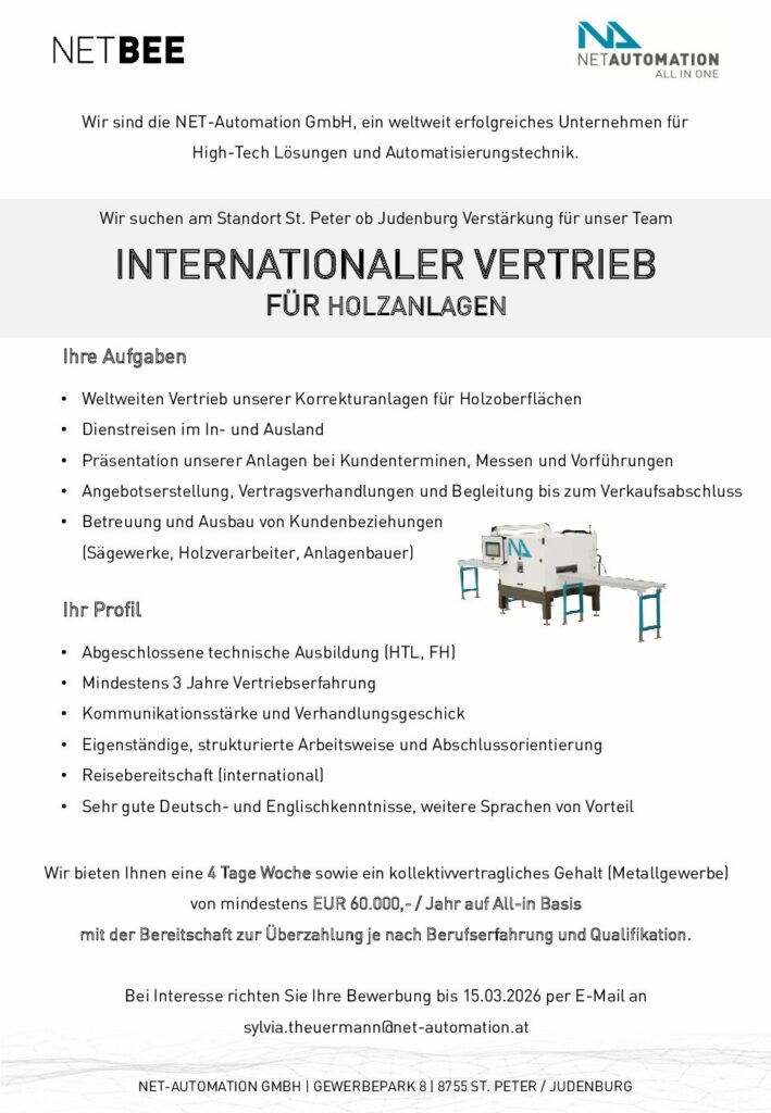 Stellenausschreibung Vertrieb Holzanlagen