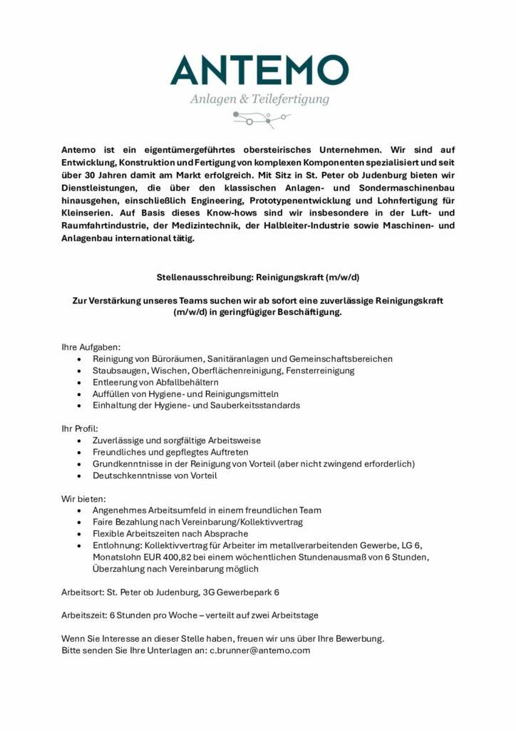 Stellenausschreibung - Reinigungskraft