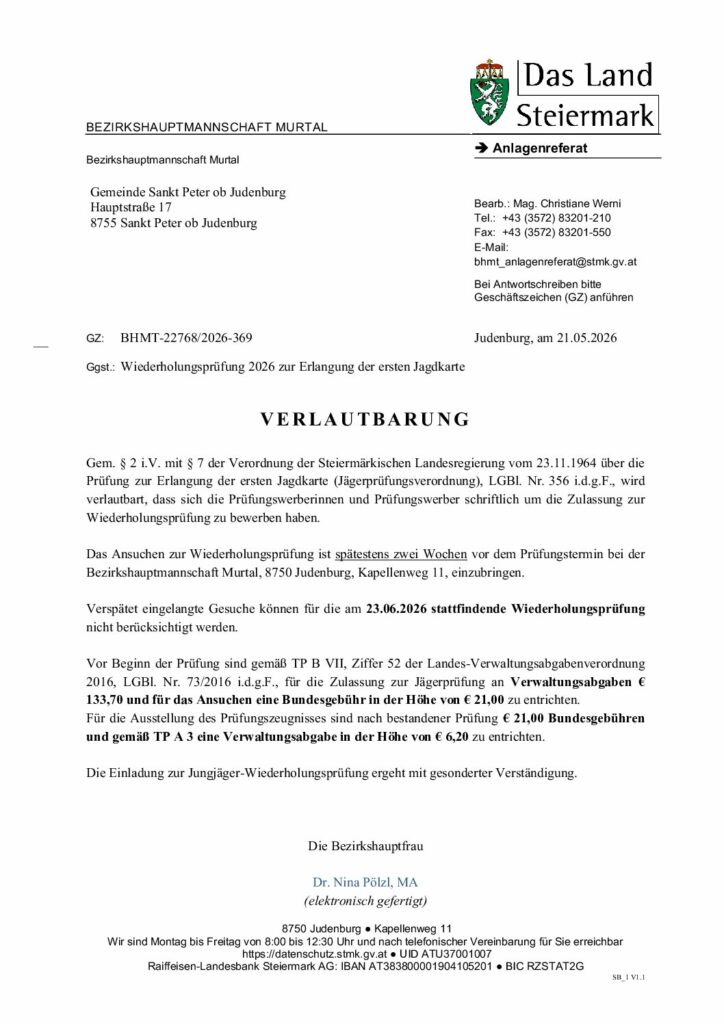 Verlautbarung Wiederholungsprüfung Gemeinde Sankt Peter ob Judenburg