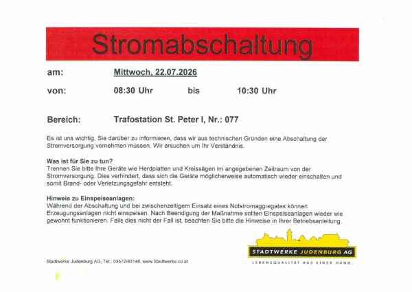 Information Stromabschaltung Info Stadtwerke Judenburg