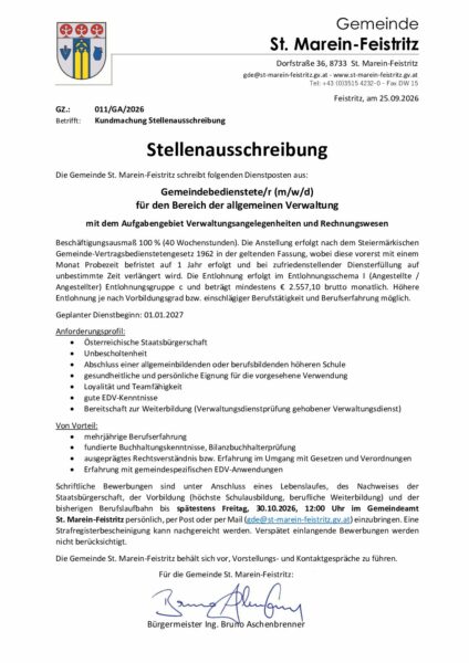 2026 09 25 Stellenausschreibung VB Verwaltung