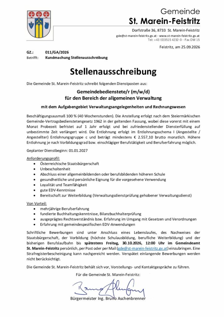 2026 09 25 Stellenausschreibung VB Verwaltung